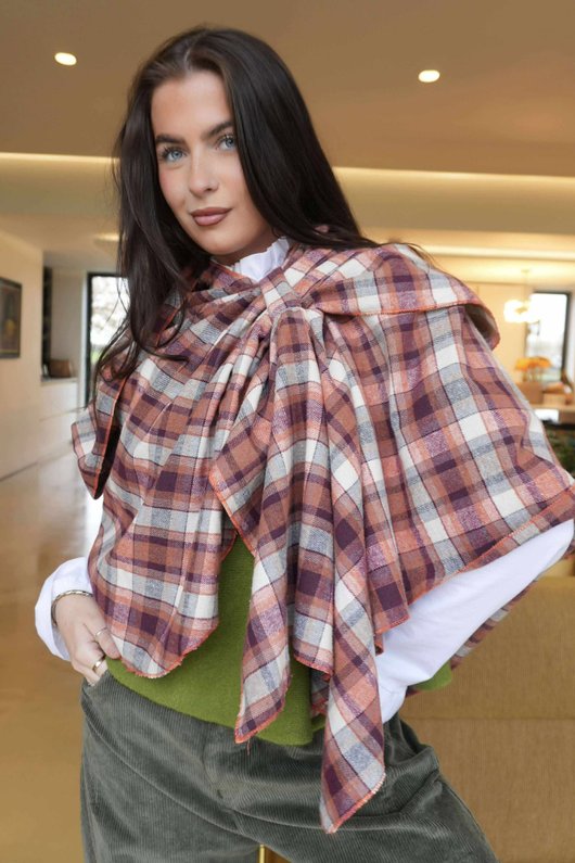 Roberta Plaid Brushed Cotton Drape Cape Amber